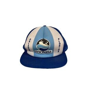 Vintage Trucker Hat SnapBack Mesh Sea World Hat Blue White Shamu Whale 1989